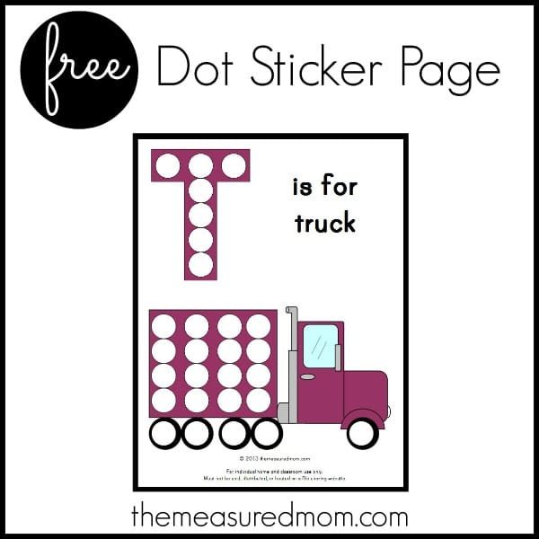 Have your little one put dot stickers over the T and truck picture to reinforce the Letter T with this free letter T printable.