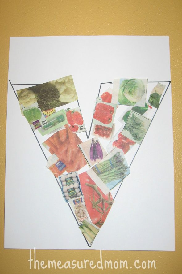 letter V cut and paste vegetable collage