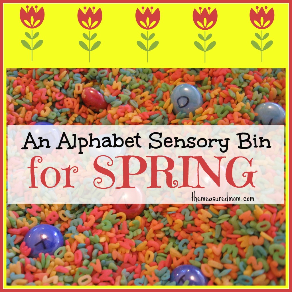 alphabet sensory bin for spring - the measured mom