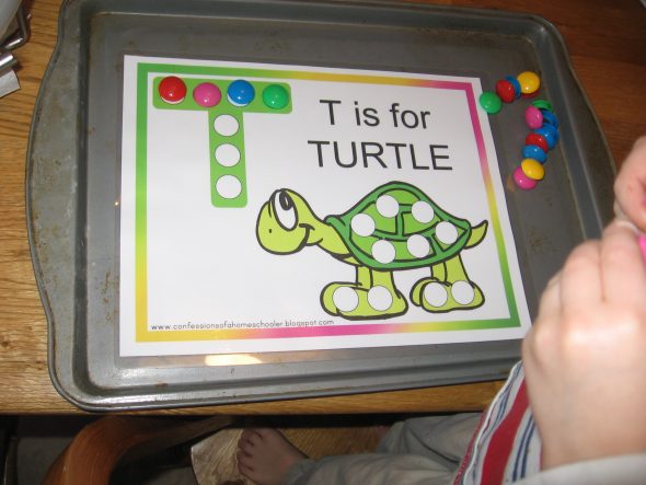 child with T is for turtle worksheet with magnets