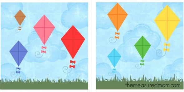 free kite file folder game - color matching and size sort 