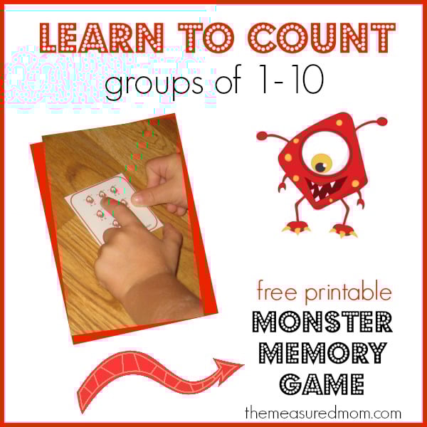 Help your preschooler learn to count groups up to 10 with this free monster memory game!