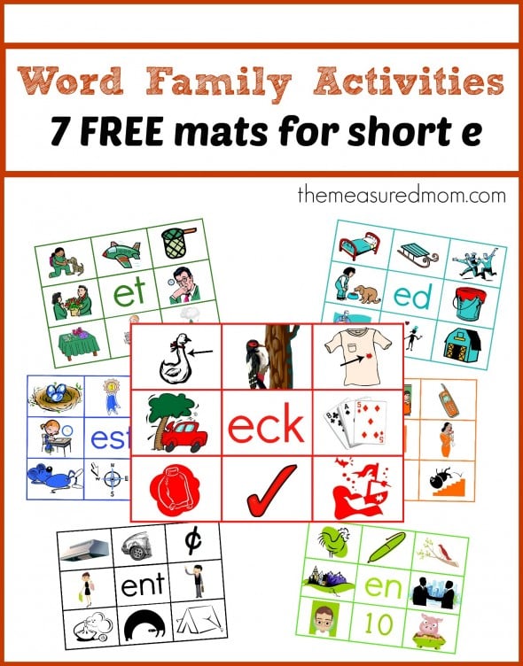 You'll find 7 free word family activities in this post - 7 read 'n stick mats for short e!