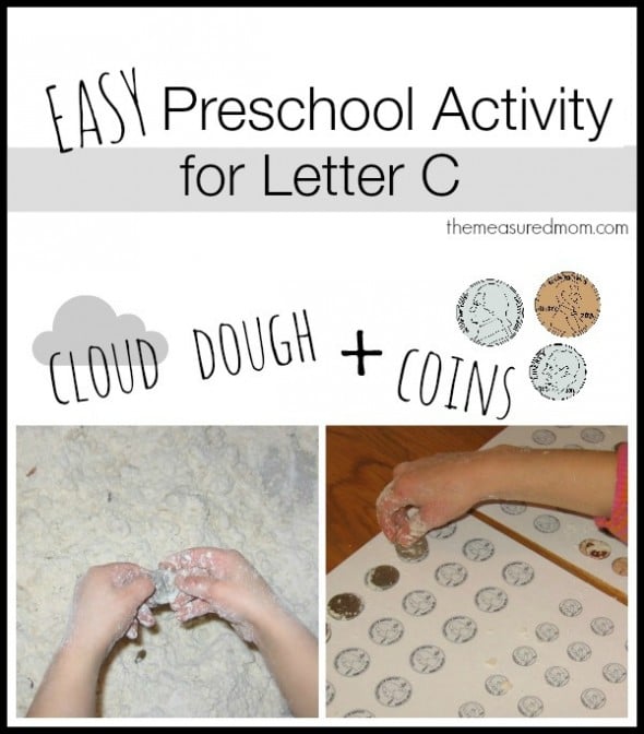 cloud dough and coins for letter c- the measured mom
