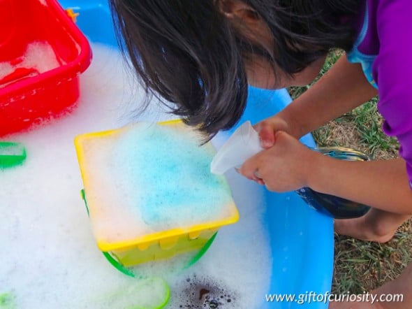 Bubbles make a great outdoor play activity! Here are seven fun ways to create and play with them. 