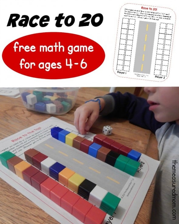 Print a free Race to 20 math game for preschool, kindergarten, or first grade. It also comes as a Race to 10 or Race to 30! 