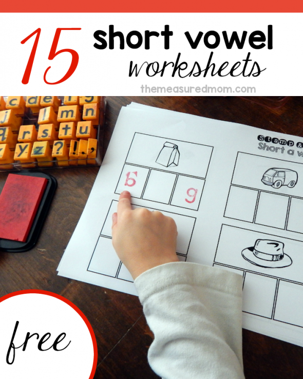 Your child can use a pencil, alphabet stamps, or letter tiles to spell the words on these 15 FREE short vowel worksheets.