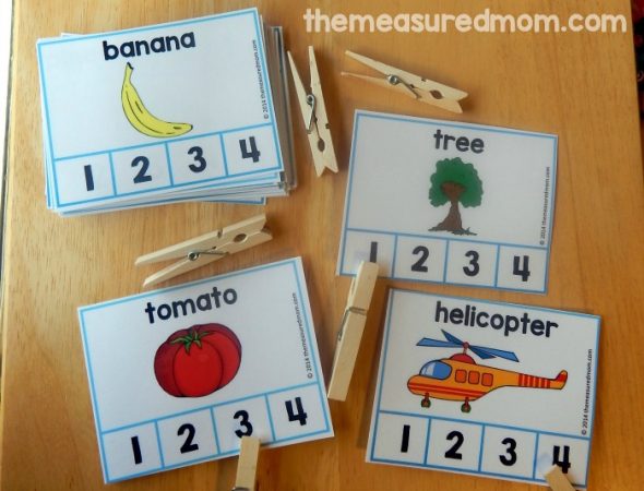 This free syllable activity is great for kindergarten! Just have your students clip the number on the syllable cards. For 1, 2, 3, or 4 syllables. 