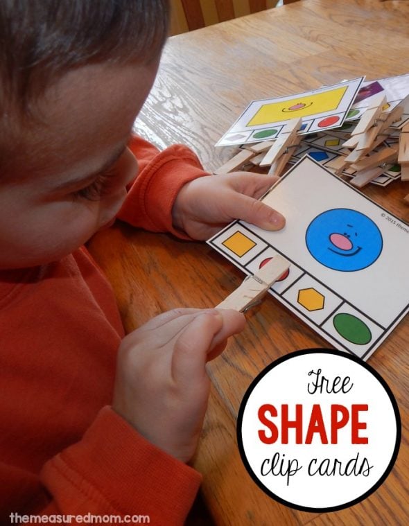 Teaching shapes in preschool? Print these 16 FREE clip cards for a great shapes activity! 
