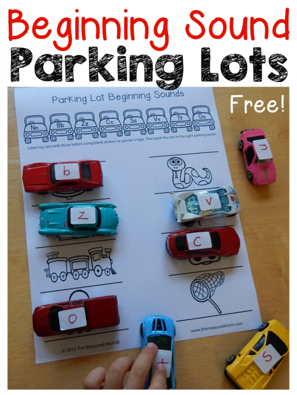 Check out this FREE beginning sounds activity for preschool and kindergarten! Print one of ten free parking lots and park the cars in the correct spots. My preschooler loves it!
