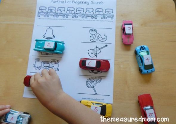 Check out this FREE beginning sounds activity for preschool and kindergarten! Print one of ten free parking lots and park the cars in the correct spots. My preschooler loves it!