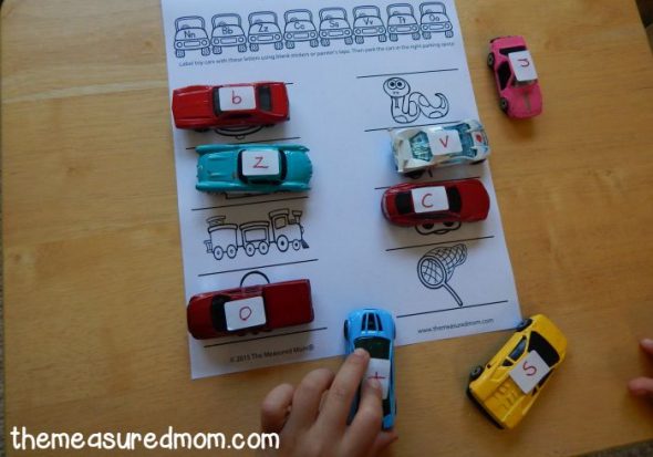 Check out this FREE beginning sounds activity for preschool and kindergarten! Print one of ten free parking lots and park the cars in the correct spots. My preschooler loves it!